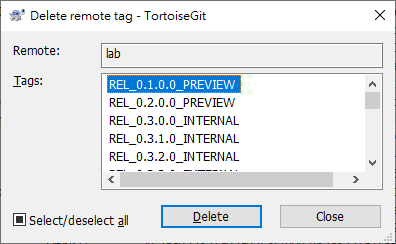 Delete remote tags dialog