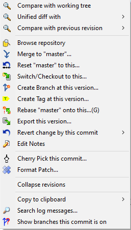 The Revision Log Dialog Top Pane with Context Menu