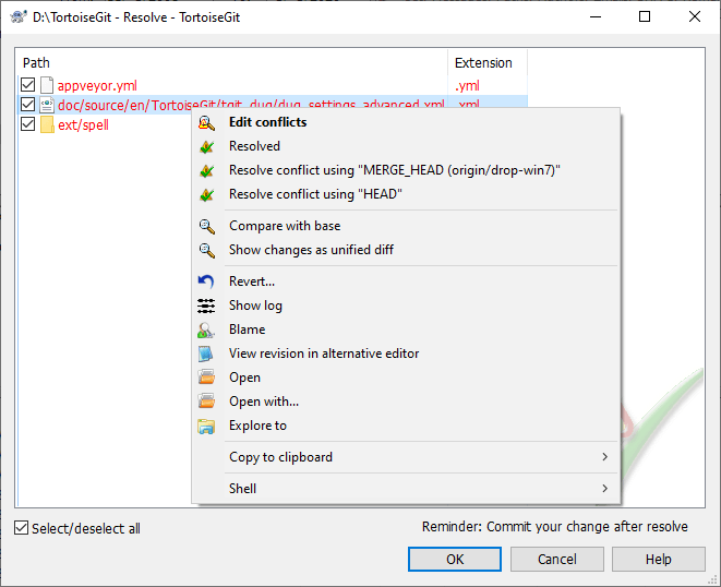 The resolve conflicts dialog