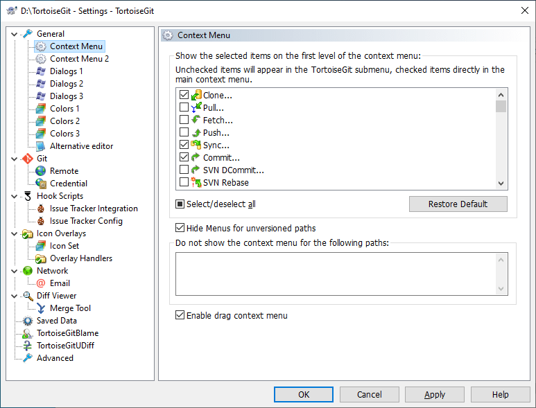 The Settings Dialog, Context Menu Page