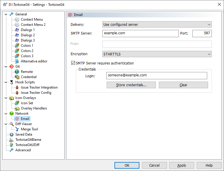 The Settings Dialog, email settings