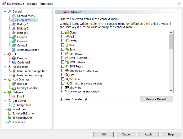 The Settings Dialog, Context Menu 2