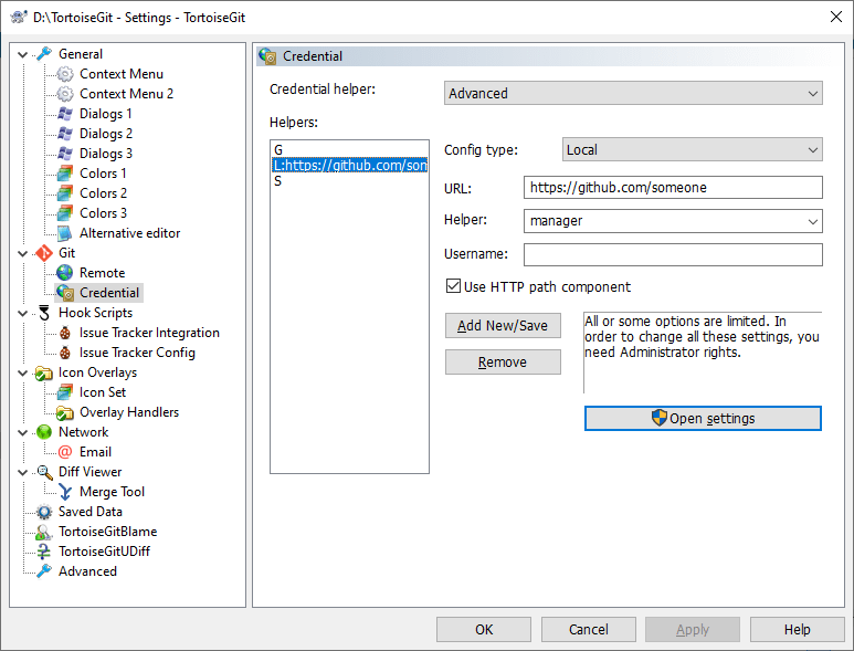 The Settings Dialog, Git, Credential
