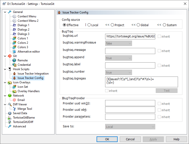 The Settings Dialog, Issue Tracker Config