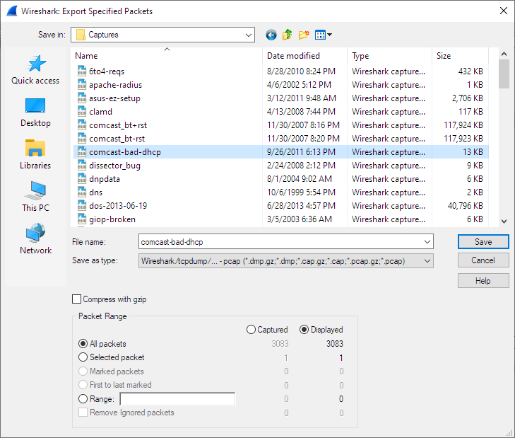 ws export specified packets